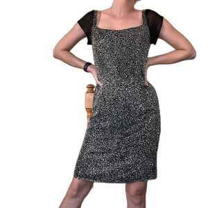 Vintage 90s SCALA Sz L 100% Silk Beaded Evening Mini Little Black Silver Dress